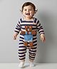 Mark & Mia Knit Full Sleeves Fleece Fabric Winter Wear Striped Romper With Bear Applique - Blue