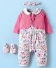 Babyhug 100% Cotton Interlock Knit Full Sleeves Romper with Floral Print Bow Applique Hairband & Booties - Pink