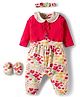Babyhug 100% Cotton Interlock Knit Full Sleeves Romper with Floral Print Bow Applique Hairband & Booties - Red