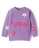 Kanvin Cotton Knit Full Sleeves Pullover Sweater with Floral Embroidery - Lilac
