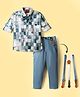 Radutu Full Sleeves Abstract Printed Shirt Pant With Bow & Suspender Set - White & Blue