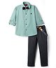 Radutu Full Sleeves Solid Shirt Pant With Bow & Suspender Set - Green & Navy Blue