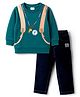 Babyhug Terry Knit Full Sleeves T-Shirt & Denim Jeans Set With Backpack Print - Teal & Navy Blue