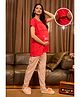 SWEETMOON Cotton Hosiery Knit Half Sleeves Best Mom Text Printed Maternity Night Suit Set With Overlap Zipper Nursing Access - Red & Light Pink