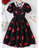 Bolly Lounge Cotton Blend Woven Half Puffed Sleeves Hearts Printed Dress - Black