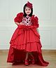 Li and Li Couture Woven Half Ruffle Sleeves Floral Applique Detailed High Low Gown - Red & Sandalwood