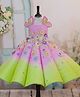 Li & Li Couture Organza Woven Sleeveless Floral Applique Detailed & Pearls Embellished Gown - Lime Green & Baby Pink