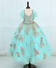 Li & Li Couture Net Woven Frill Sleeves Floral Embroidered & Pearls Embellished Gown - Pale Turquoise