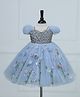 Li & Li Couture Net Woven Half Puffed Sleeves Sequins Embellished Floral Applique Detailed Gown - Dusty Blue
