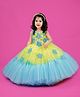 Li & Li Couture Net Woven Sleeveless Floral Embroidered Sequins & Pearls Embellished Tiered Gown - Lemon Yellow & Sky Blue