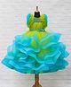 Li & Li Couture Net Woven Sleeveless Pearls Embellished Floral Applique Detailed Ruffled Gown - Lime Green & Turquoise Blue
