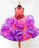 Li & Li Couture Net Woven Sleeveless Floral Applique & Ruffles Detailed Twirled Gown - Coral & Purple