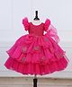 Li & Li Couture Organza Woven Half Frill Sleeves Floral Embroidered Layered Gown - Dark Pink