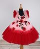 Li & Li Couture Net Woven Half Frill Sleeves Floral Applique & Pearls Embellished Gown - Red & Cherry Blossom