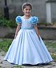 Li & Li Couture Satin Woven Half Puffed Sleeves Floral Applique Detailed & Crystal Embellished Gown - Sky Blue