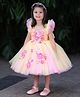 Li & Li Couture Satin Woven Frill Sleeves Pearl Embellished & Floral Applique Detailed Dress - Candy Yellow & Cotton Candy