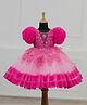 Li & Li Couture Net Woven Half Frill Ball Sleeves Stones Embellished Floral Applique Detailed Handcrafted Gown - Baby & Hot Pink