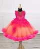 Li & Li Couture Net Woven Sleeveless Pearls Embellished Floral Applique Detailed Handcrafted Gown - Fuchsia Pink & Coral