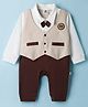 Mini Taurus Interlock Knit Full Sleeves Party Romper With Attached Waistcoat & Bow Applique - Brown