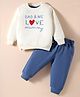 Mini Taurus Fleece Knit Full Sleeves Winter Wear Sweatshirt & Lounge Pant Set With Text Embroidery - Cream & Blue