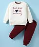Mini Taurus Fleece Knit Full Sleeves Winter Wear Sweatshirt & Lounge Pant Set With Text Embroidery - Cream & Maroon