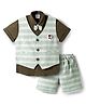 Mini Taurus Sinker Knit Half Sleeves Striped 3 Piece Party Suit With Bow Applique - Olive Green