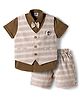 Mini Taurus Sinker Knit Half Sleeves Striped 3 Piece Party Suit With Bow Applique - Tan