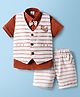 Mini Taurus Sinker Knit Half Sleeves Three Piece Party Suit with Stripes Pocket Embroidery Detailing & Bow Applique - Rust Orange & White