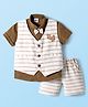 Mini Taurus Sinker Knit Half Sleeves 3 Piece Party Suit with Stripes Pocket Embroidery Detailing & Bow Applique - Brown & White