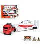 YAMAMA Die-cast Friction Powered City Rescue Fire Transport Car Trailer Truck Toys For Kids With Helicopter, Rescue Boat And Fire Transport Car - Multicolor