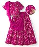 EARTHY TOUCH Velvel Woven Half Sleeves Choli Lehenga & Dupatta Set with Floral Sequin Embroidery & Foil Print - Dark Pink