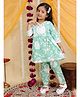 AJ Dezines Cotton Woven Three Fourth Sleeves Floral Printed Mirror Work Detailed Coordinating Kurti Pant Set - Green