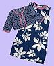Kiddopanti Cotton Woven Floral Printed Kurti & Three Fourth Sleeves Mirror Work Detailed Koti Set - Teal Blue