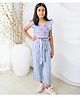 Fairies Forever Cotton Woven Frill Sleeves Striped & Floral Embroidered Coordinating Top With Pant Set - Blue
