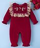 Mark & Mia Full Sleeves Winter Wear Romper With Animal & Floral Embroidery - Red