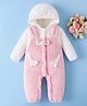 Mark & Mia Full Sleeves Winter Wear Hooded Romper With Ear Applique - Pink & White