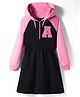Pine Kids Cotton Knit Full Raglan Sleeves Winter Hooded Sweatshirt Dress With A Text Print - Black & Pink