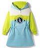 Pine Kids Cotton Knit Full Sleeves Cut & Sew Hooded Winter Frock with Text Embroidery - Aqua Blue & Limegreen