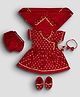 Vastramay Viscose Woven Half Puffed Sleeves Floral Foil Motifs Printed Dress & Bloomer With Headband Booties & Swaddle Set - Red
