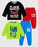 KUCHIPOO Cotton Knit Pack Of 2 Full Sleeves Be Cool & Super Hero Text Printed Tees & Joggers Set - Red Green Blue & Black