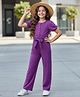 Pine Kids Cotton Knit Half Sleeves Solid Jumpsuit With Belt - Purple