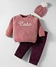 Yellow Apple Knit Full Sleeves Pullover Sweater Set with Cap & Text Embroidery - Rose Gold