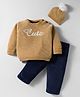 Yellow Apple Knit Full Sleeves Pullover Sweater Set with Cap & Text Embroidery - Beige