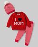 Yellow Apple Knit Full Raglan Sleeves Sweater Set With Cap & Text Print - Red