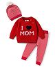Yellow Apple Knit Full Raglan Sleeves Sweater Set With Cap & Text Print - Red