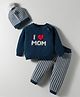 Yellow Apple Knit Full Sleeves Sweater Set With Cap & Text Print - Navy Blue