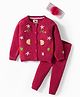 Yellow Apple Knit Full Raglan Sleeves Front Open Sweater with Floral Embroidery - Red