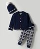 Yellow Apple Knit Full Sleeves Front Open Sweater Set with Cap & Cable Knit Design - Navy Blue