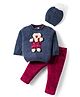 Yellow Apple Knit Full Sleeves Sweater Set With Teddy Applique & Cap - Blue