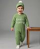 Yellow Apple Knit Raglan Sleeves Romper with Cap & Text Embroidery - Green